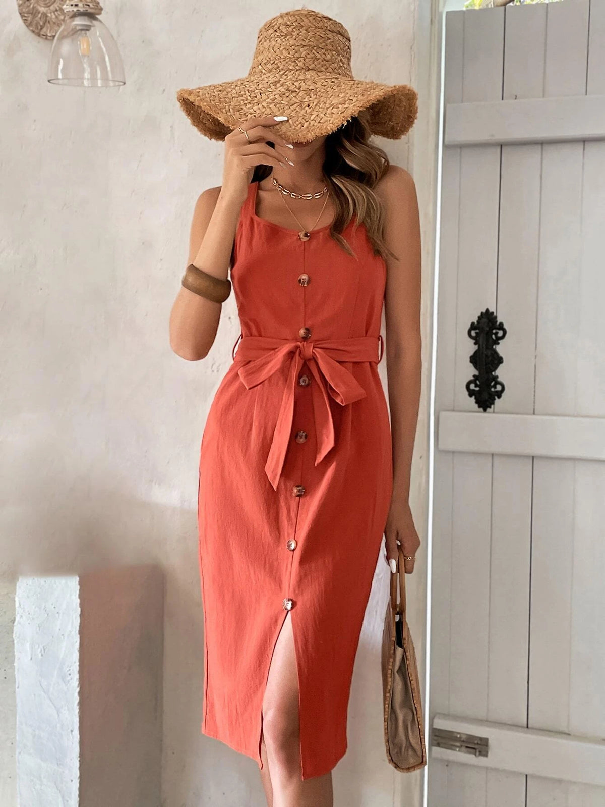 EMERY ROSE Zip Back Button Detail Cami Belted Dress