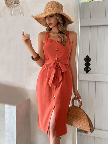 EMERY ROSE Zip Back Button Detail Cami Belted Dress