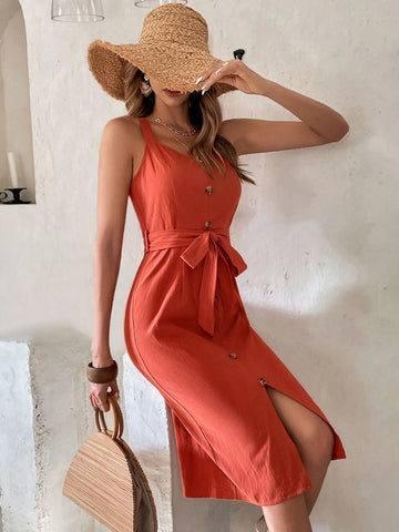EMERY ROSE Zip Back Button Detail Cami Belted Dress