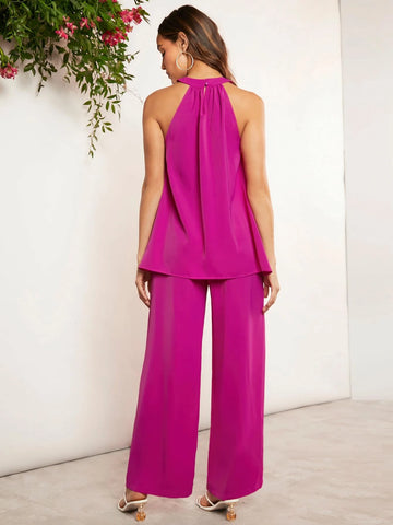 EMERY ROSE Solid Halter Top & Wide Leg Pants