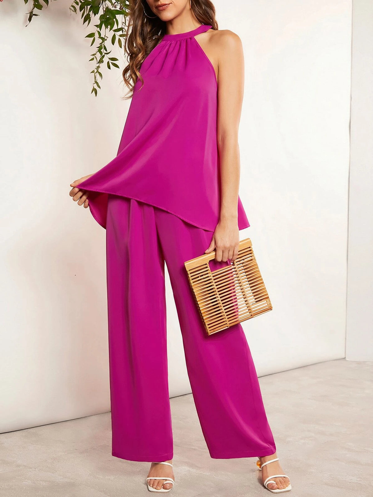 EMERY ROSE Solid Halter Top & Wide Leg Pants