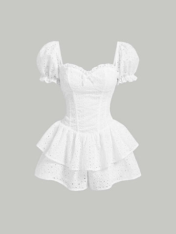 MOD Eyelet Embroidery Sweetheart Neck Puff Sleeve Romper