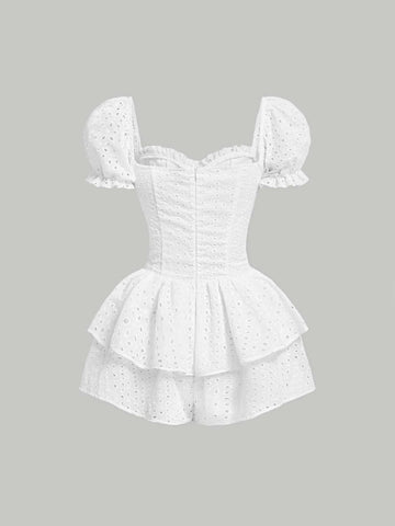 MOD Eyelet Embroidery Sweetheart Neck Puff Sleeve Romper