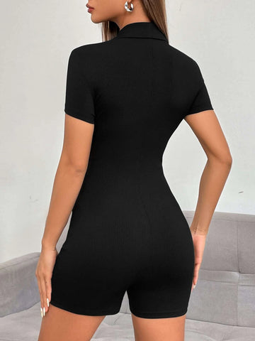 EZwear Letter Patched Detail Half Button Unitard Romper