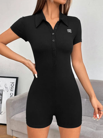 EZwear Letter Patched Detail Half Button Unitard Romper