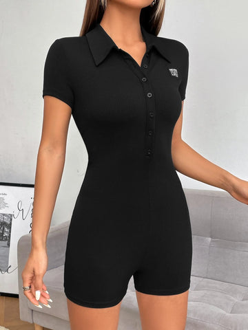 EZwear Letter Patched Detail Half Button Unitard Romper