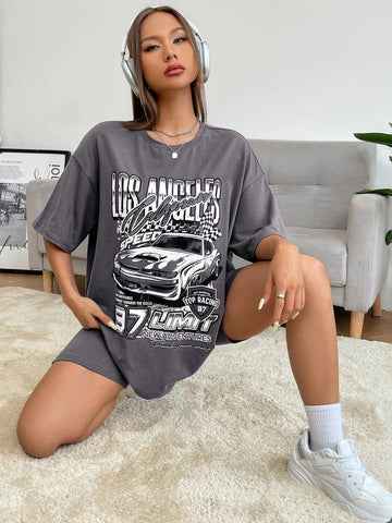 EZwear Car & Letter Graphic Drop Shoulder Tee & Biker Shorts