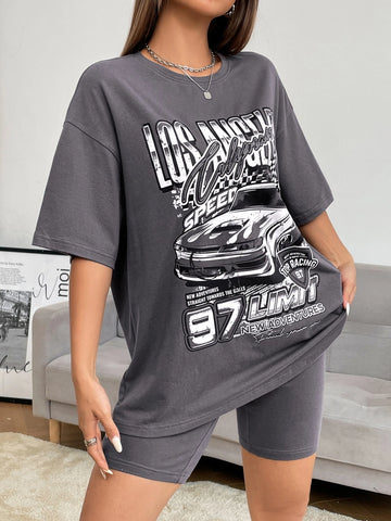 EZwear Car & Letter Graphic Drop Shoulder Tee & Biker Shorts