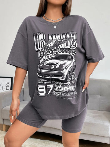 EZwear Car & Letter Graphic Drop Shoulder Tee & Biker Shorts