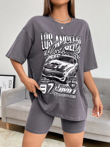 EZwear Car & Letter Graphic Drop Shoulder Tee & Biker Shorts