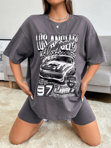 EZwear Car & Letter Graphic Drop Shoulder Tee & Biker Shorts