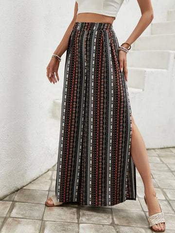 Geo Print Split Thigh Wide Leg Pants