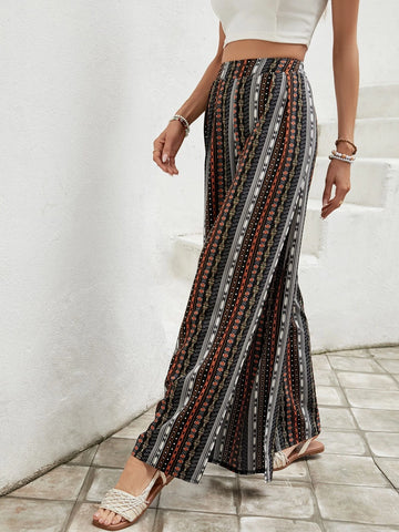 Geo Print Split Thigh Wide Leg Pants