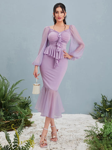 Modely Ruched Bust Ruffle Trim Blouse & Mermaid Hem Skirt