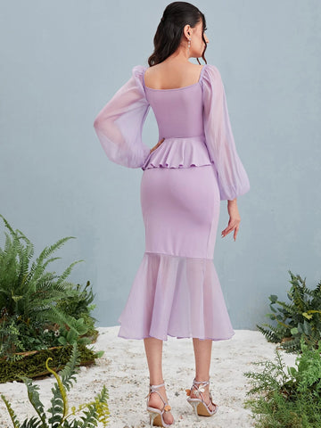 Modely Ruched Bust Ruffle Trim Blouse & Mermaid Hem Skirt