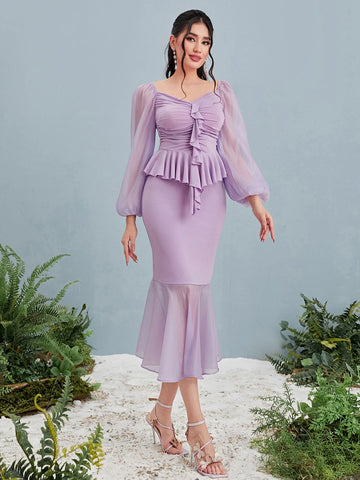 Modely Ruched Bust Ruffle Trim Blouse & Mermaid Hem Skirt