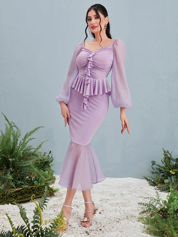 Modely Ruched Bust Ruffle Trim Blouse & Mermaid Hem Skirt