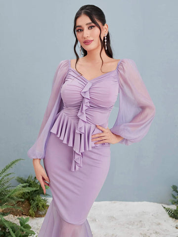 Modely Ruched Bust Ruffle Trim Blouse & Mermaid Hem Skirt