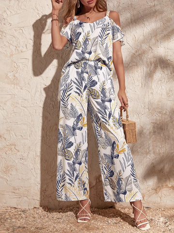 EMERY ROSE Plants Print Cold Shoulder Top & Wide Leg Pants