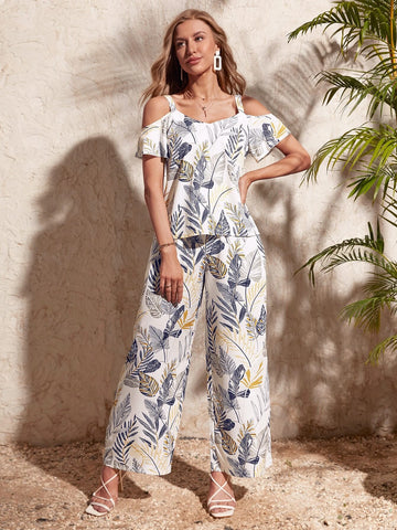 EMERY ROSE Plants Print Cold Shoulder Top & Wide Leg Pants