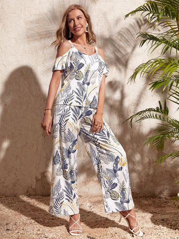 EMERY ROSE Plants Print Cold Shoulder Top & Wide Leg Pants