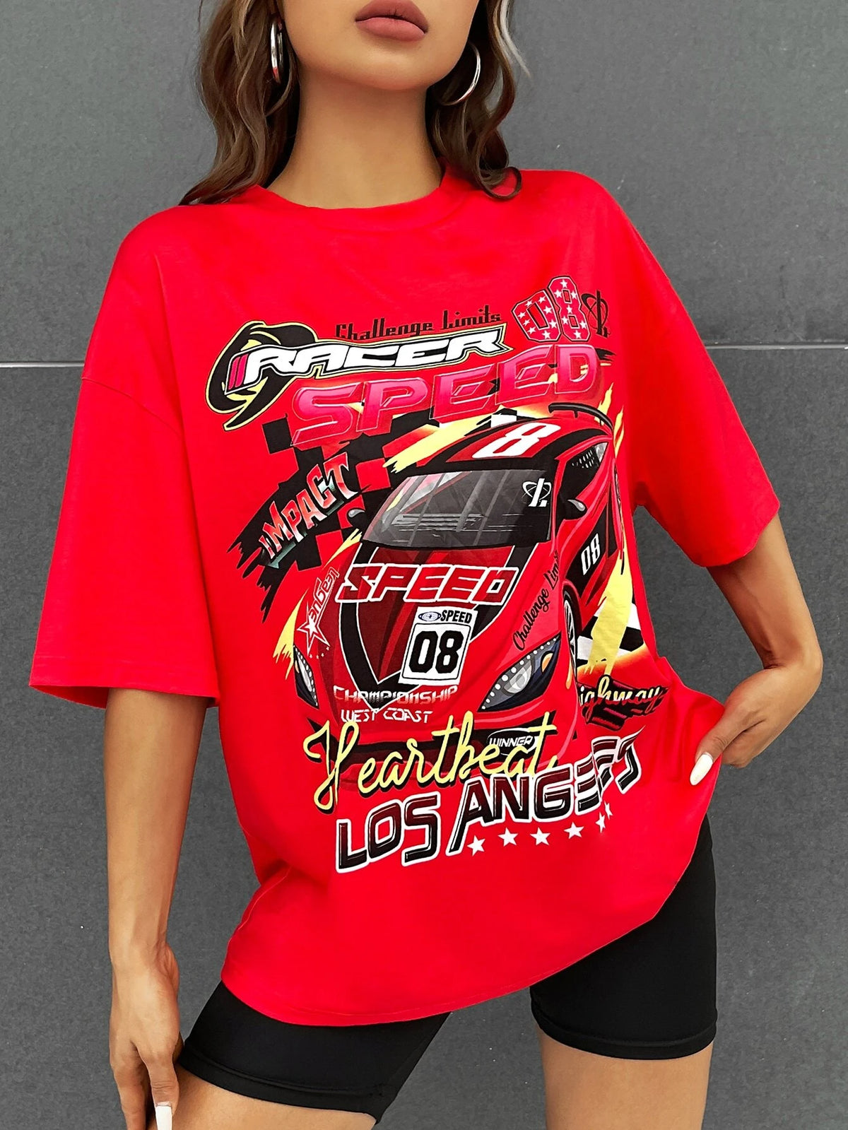 Letter & Car Print Drop Shoulder Tee