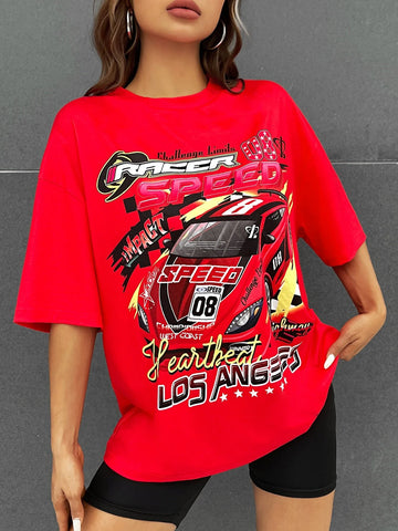 Letter & Car Print Drop Shoulder Tee