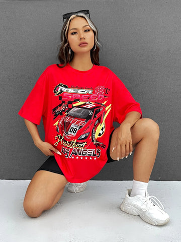 Letter & Car Print Drop Shoulder Tee
