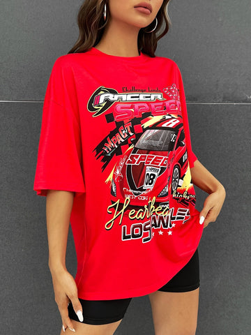 Letter & Car Print Drop Shoulder Tee