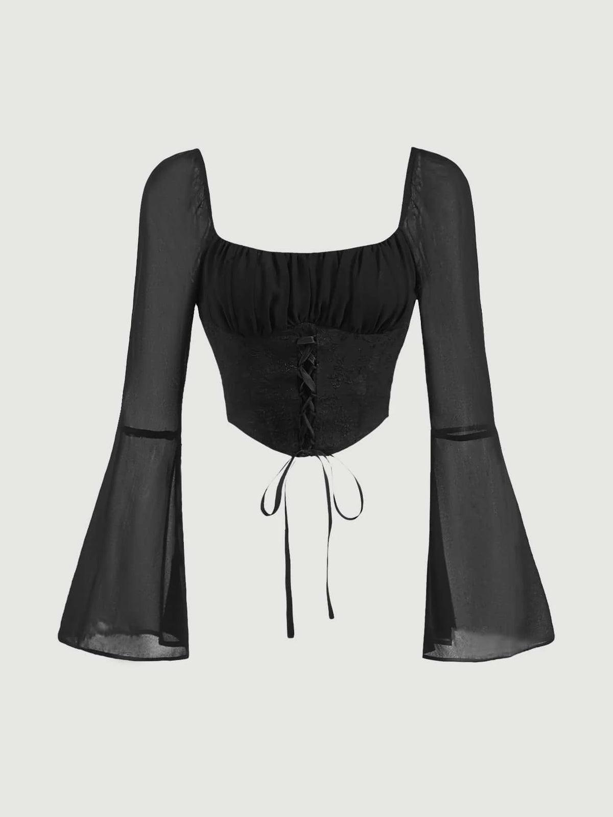 MOD Ruched Bust Lace Up Front Flounce Sleeve Blouse