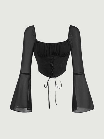 MOD Ruched Bust Lace Up Front Flounce Sleeve Blouse