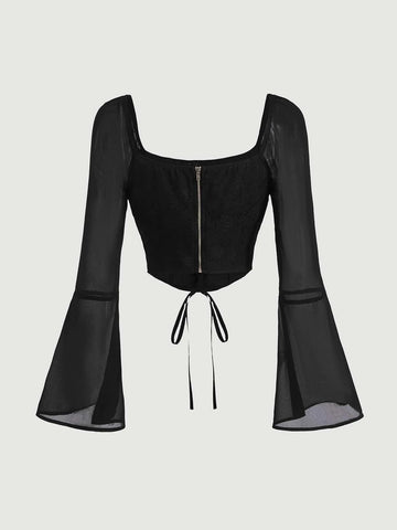 MOD Ruched Bust Lace Up Front Flounce Sleeve Blouse