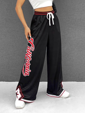 EZwear Letter Graphic Drawstring Waist Contrast Trim Pants