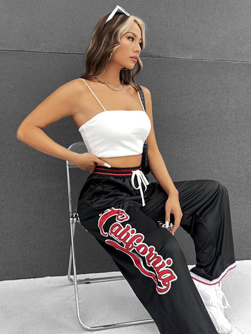 EZwear Letter Graphic Drawstring Waist Contrast Trim Pants