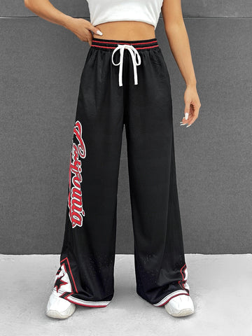 EZwear Letter Graphic Drawstring Waist Contrast Trim Pants