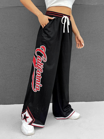 EZwear Letter Graphic Drawstring Waist Contrast Trim Pants