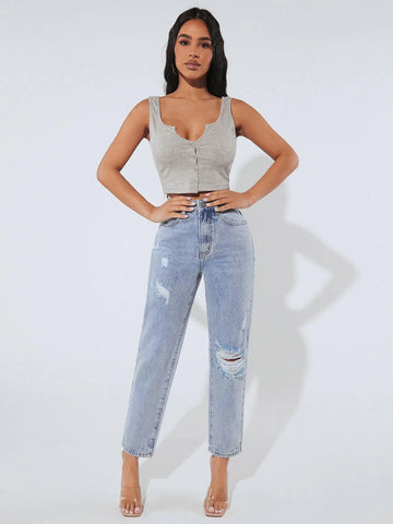 PETITE Ripped Mom Fit Jeans