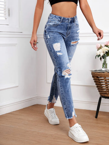 Ripped Raw Hem Jeans