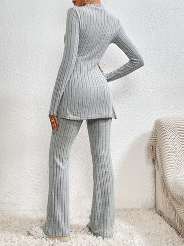 Mock Neck Split Hem Tee & Flare Leg Pants