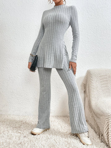 Mock Neck Split Hem Tee & Flare Leg Pants