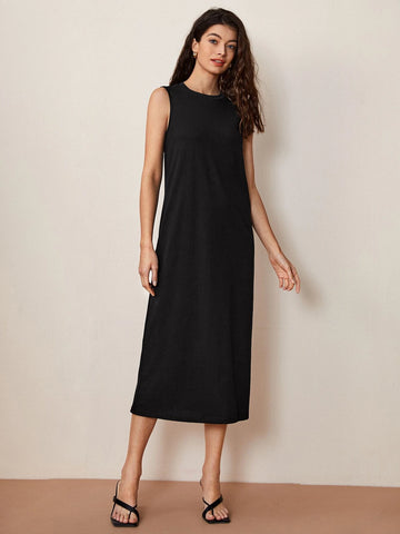 BASICS Cotton Split Hem Solid Dress