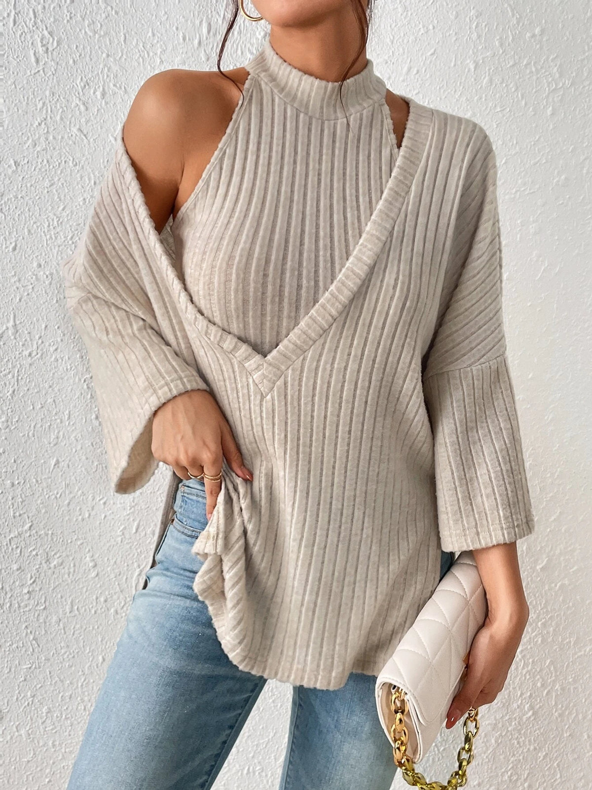 Frenchy Solid Halter Top & Deep V Drop Shoulder Tee