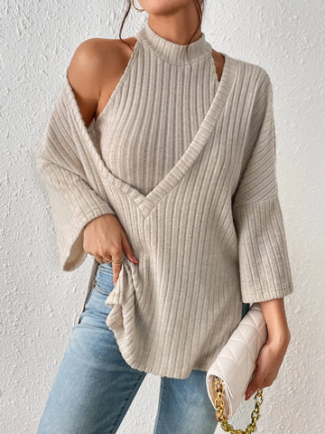 Frenchy Solid Halter Top & Deep V Drop Shoulder Tee
