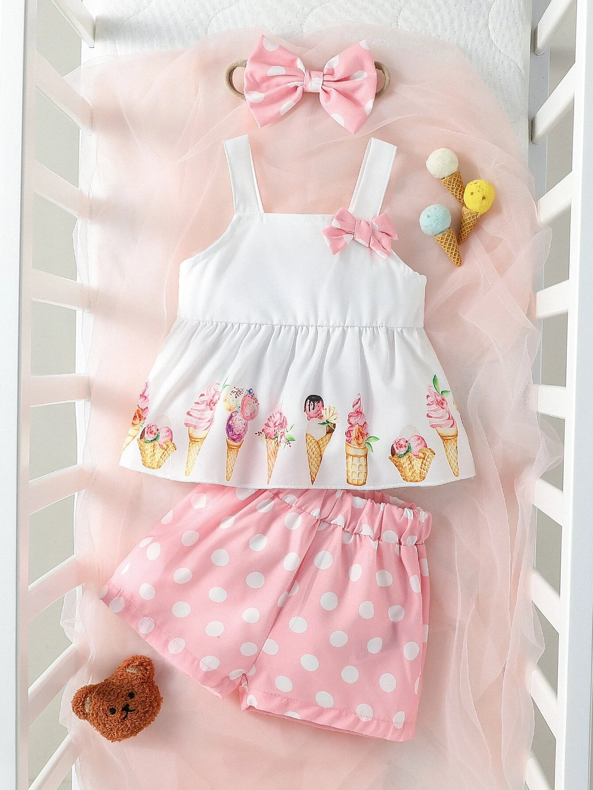 Baby Ice Cream Print Bow Front Cami Top & Shorts & Headband
