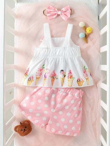 Baby Ice Cream Print Bow Front Cami Top & Shorts & Headband