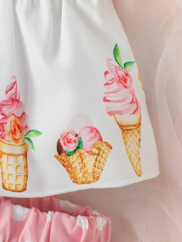 Baby Ice Cream Print Bow Front Cami Top & Shorts & Headband