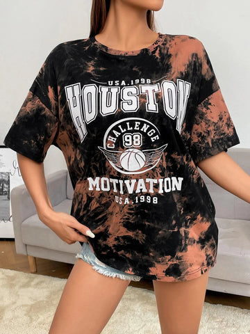 EZwear Letter Graphic Tie Dye Drop Shoulder Tee