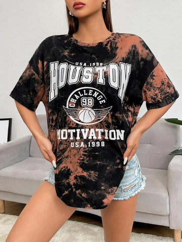 EZwear Letter Graphic Tie Dye Drop Shoulder Tee