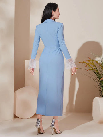 Modely Lapel Neck Contrast Lace Cuff Wrap Hem Dress Without Belt