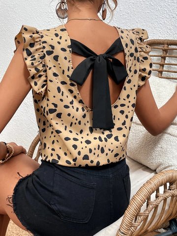 Frenchy Allover Print Tie Back Ruffle Trim Blouse